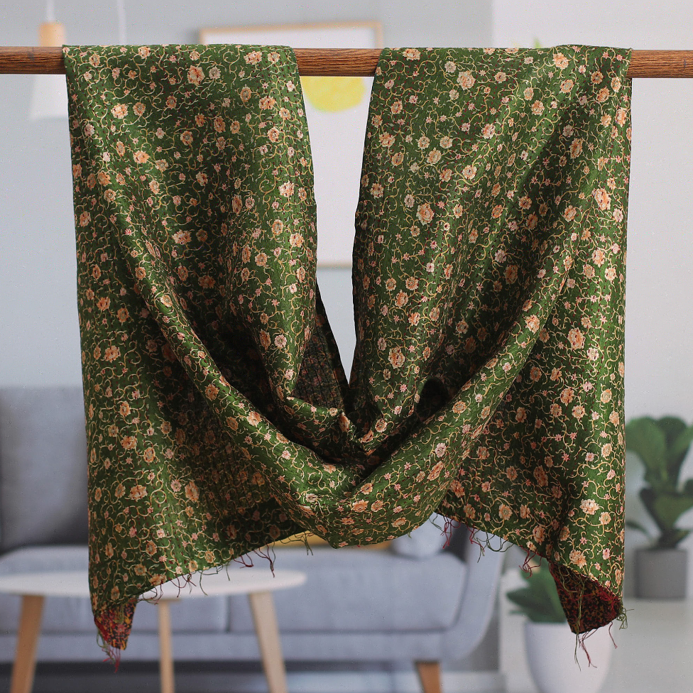 Kantha Embroidered Green and Black Reversible Silk Scarf - Floral Seasons