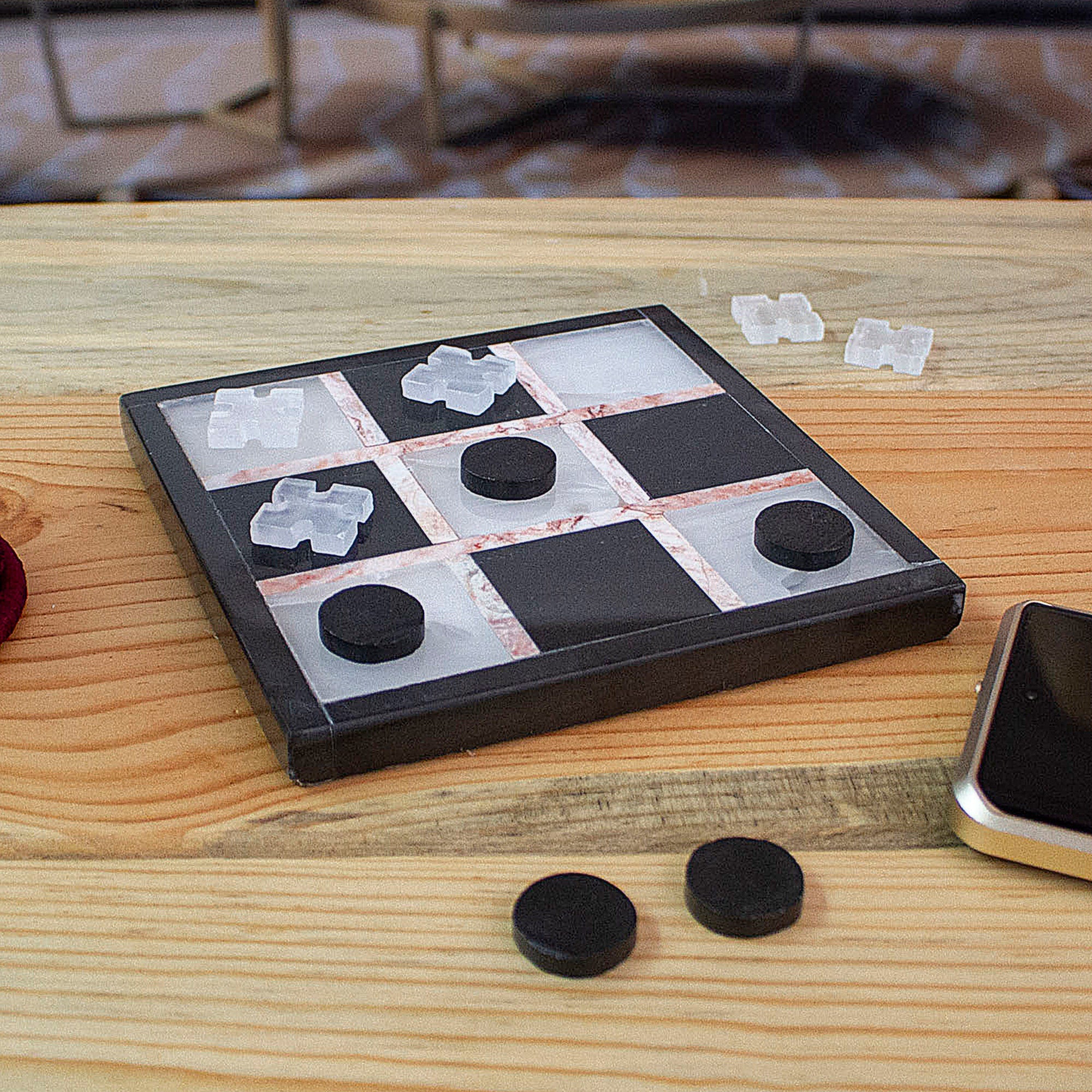 Marble Tic Tac Toe Board Game from Mexico - Rose on Black