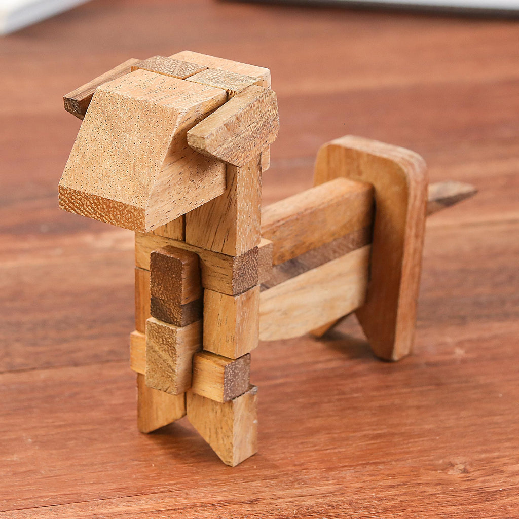 Handcrafted Wood Dog-Shaped Puzzle from Thailand - Excited Puppy