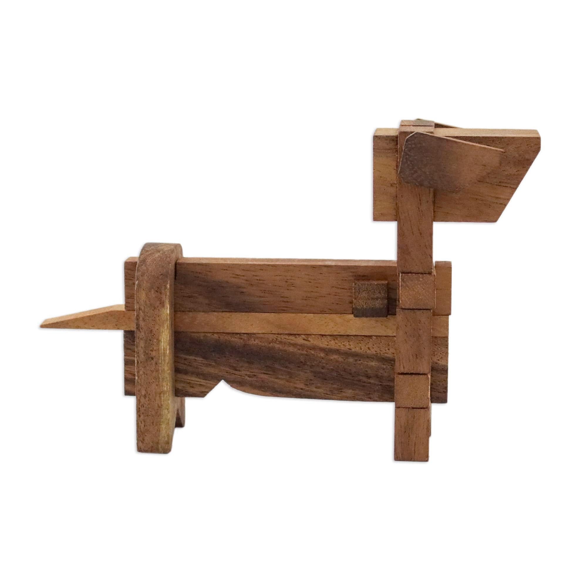 Handcrafted Wood Dog-Shaped Puzzle from Thailand - Excited Puppy