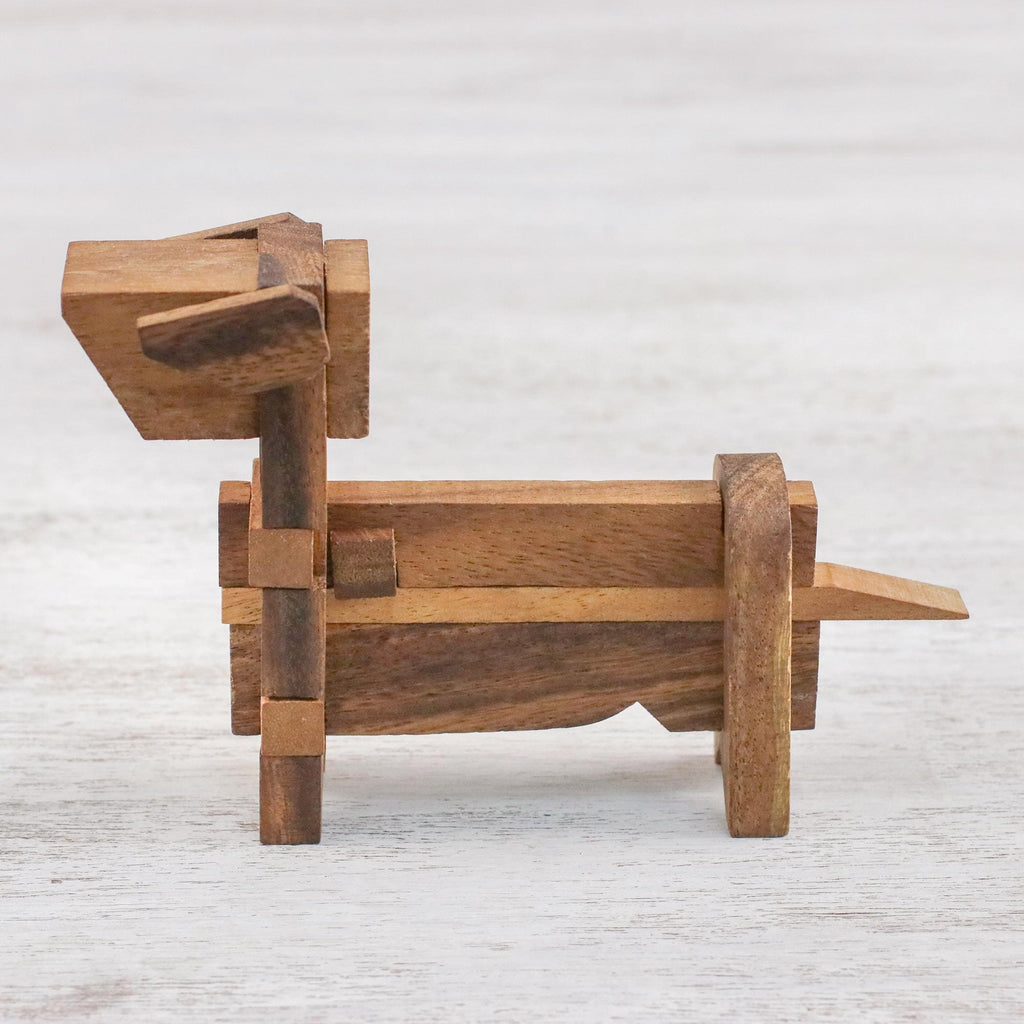 Handcrafted Wood Dog-Shaped Puzzle from Thailand - Excited Puppy