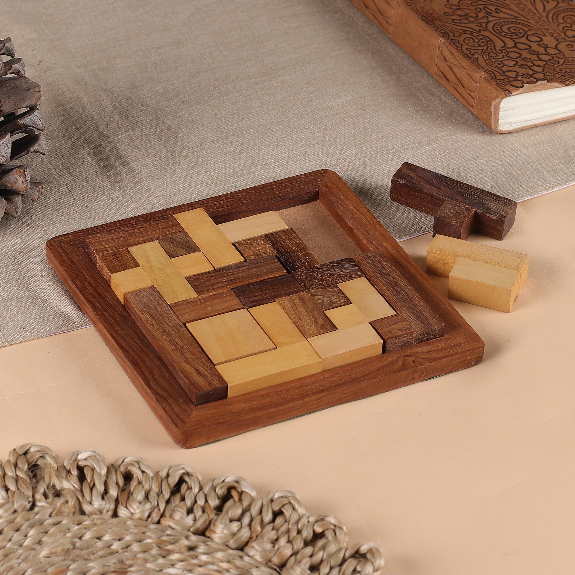 Handcrafted Wood Puzzle in Brown and Beige from India - Mental Challenge