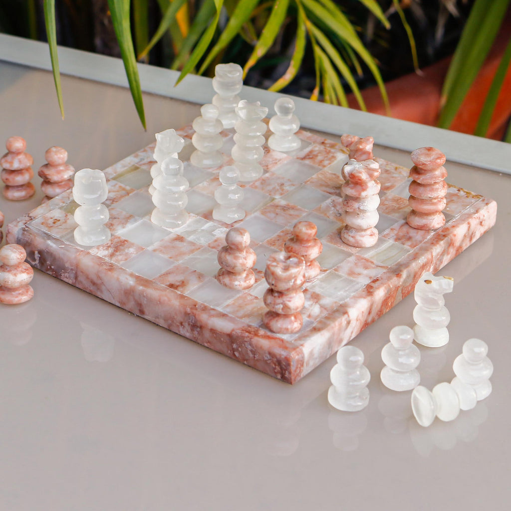 Onyx and Marble Chess Set in Pink and Ivory from Mexico - Pink and Ivory Challenge