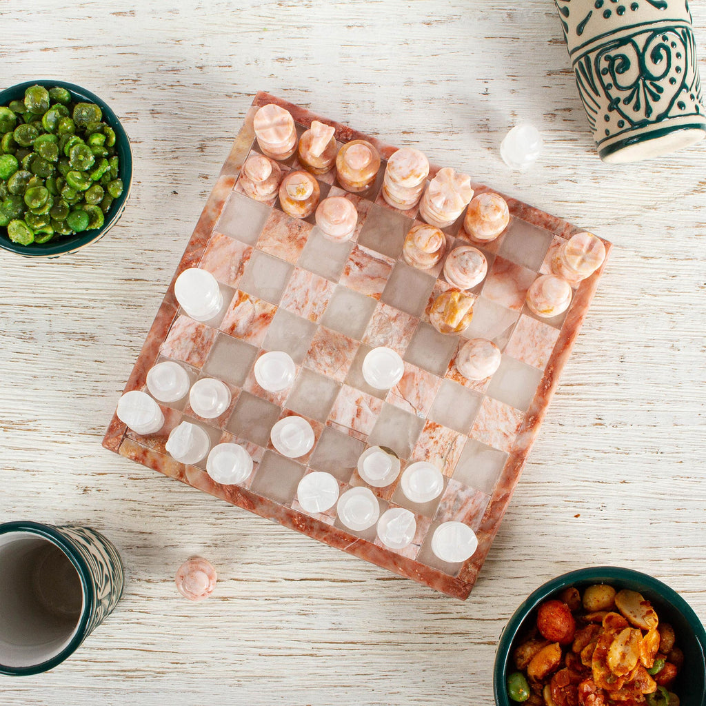 Onyx and Marble Chess Set in Pink and Ivory from Mexico - Pink and Ivory Challenge