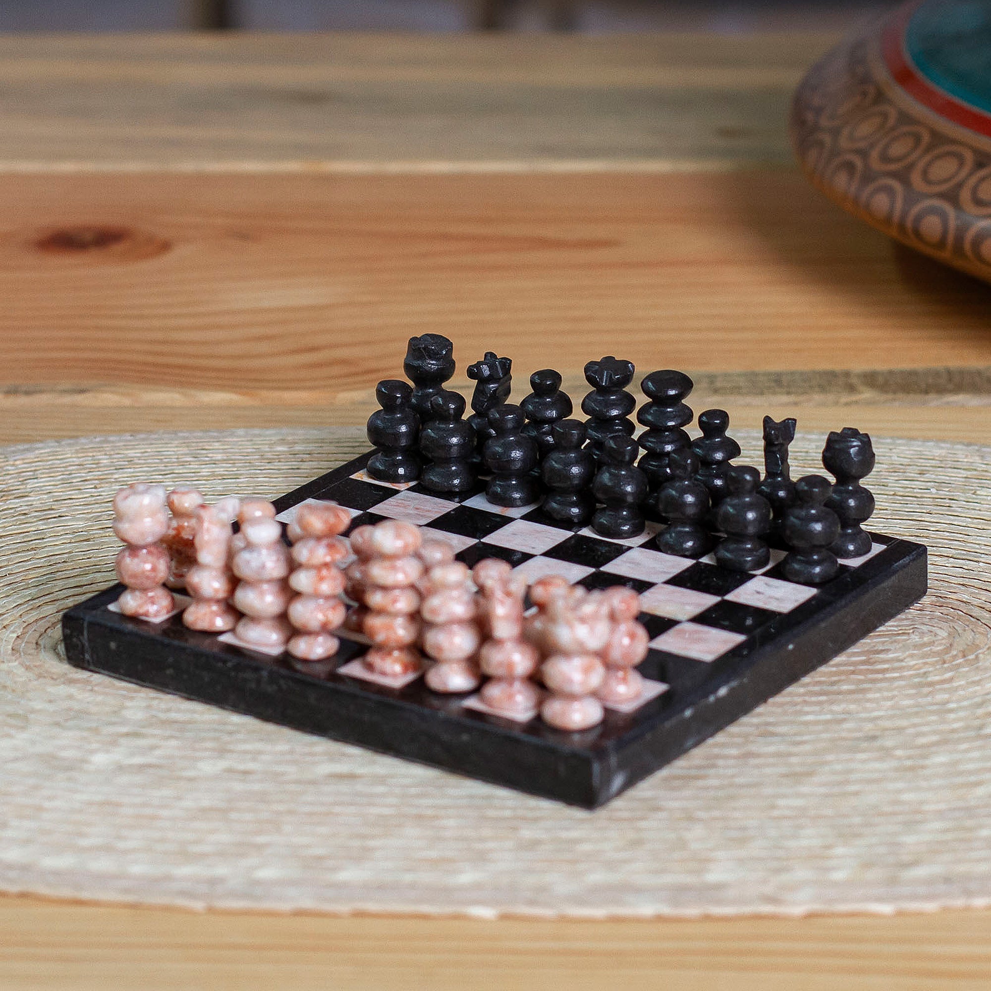 Marble Chess Set in Black and Pink from Mexico - Black and Pink Challenge