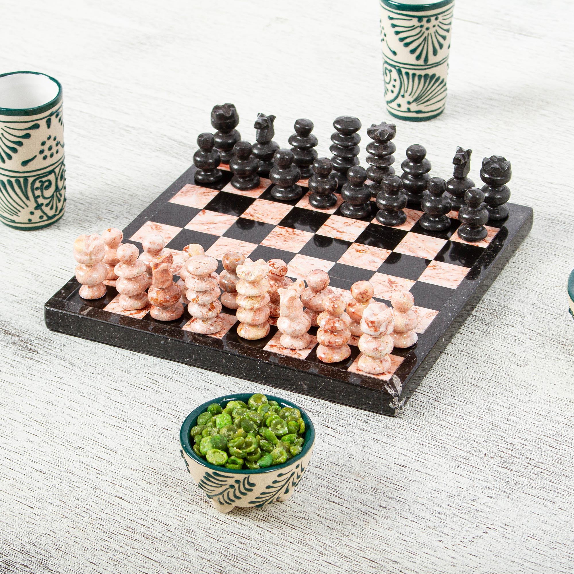 Marble Chess Set in Black and Pink from Mexico (7.5 in.) - Black and Pink Challenge