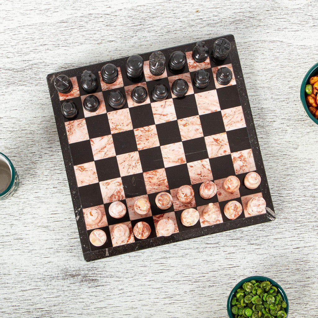 Marble Chess Set in Black and Pink from Mexico (7.5 in.) - Black and Pink Challenge