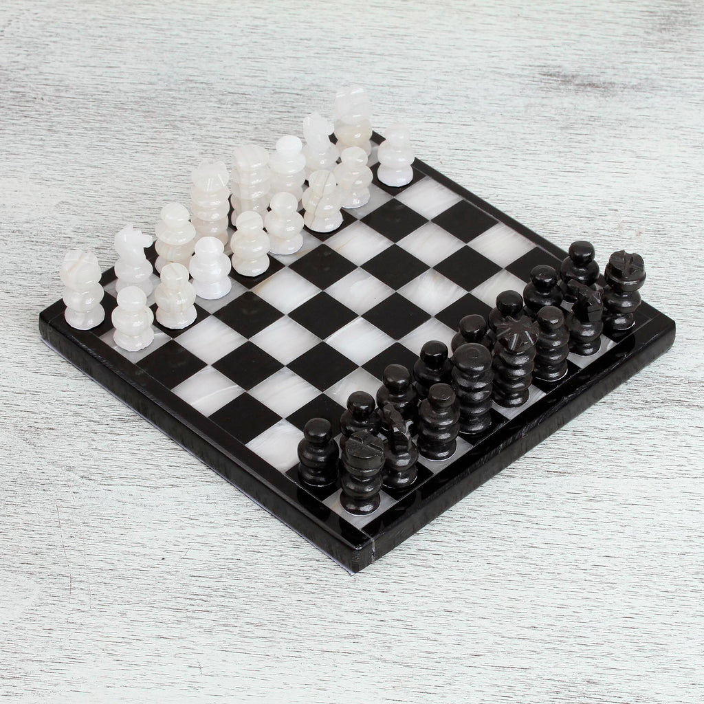 Onyx and Marble Chess Set in Black and Ivory (7.5 in.) - Black and Ivory Challenge