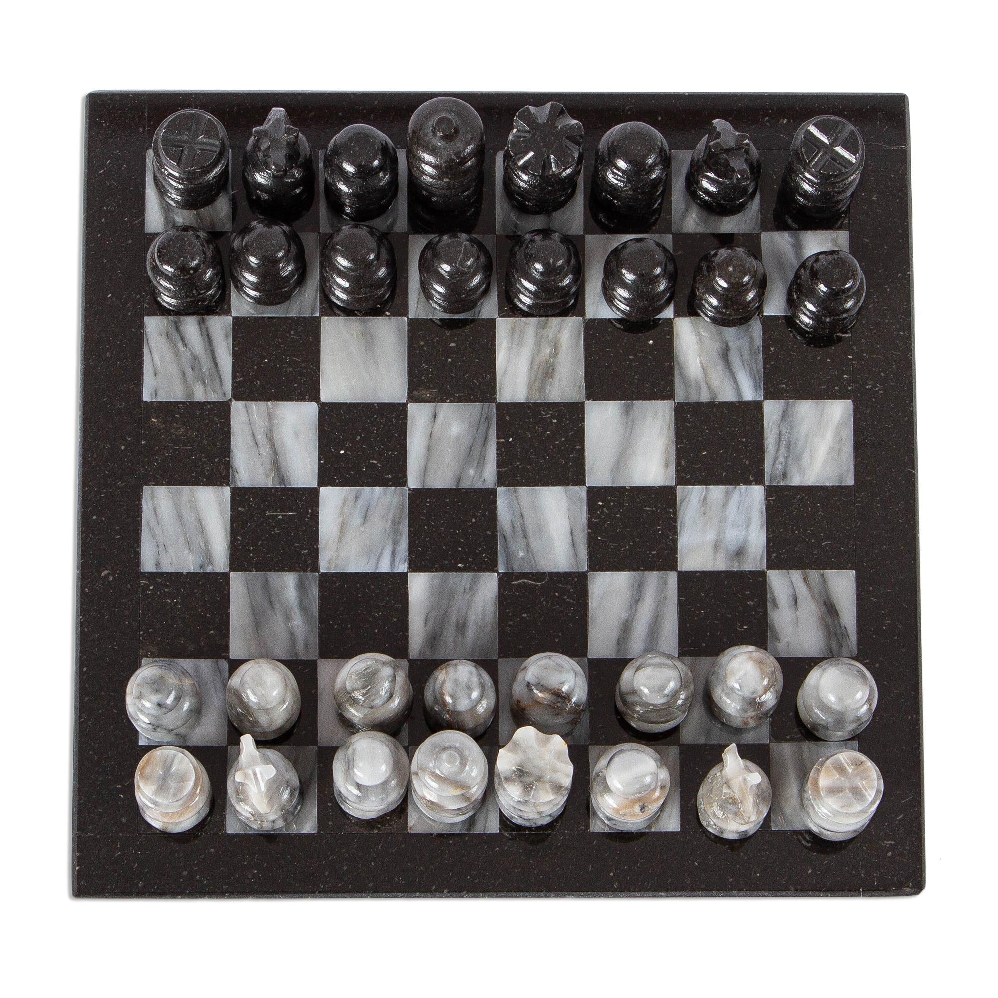 Marble Chess Set in Black and Grey from Mexico (7.5 in.) - Black and Grey Challenge