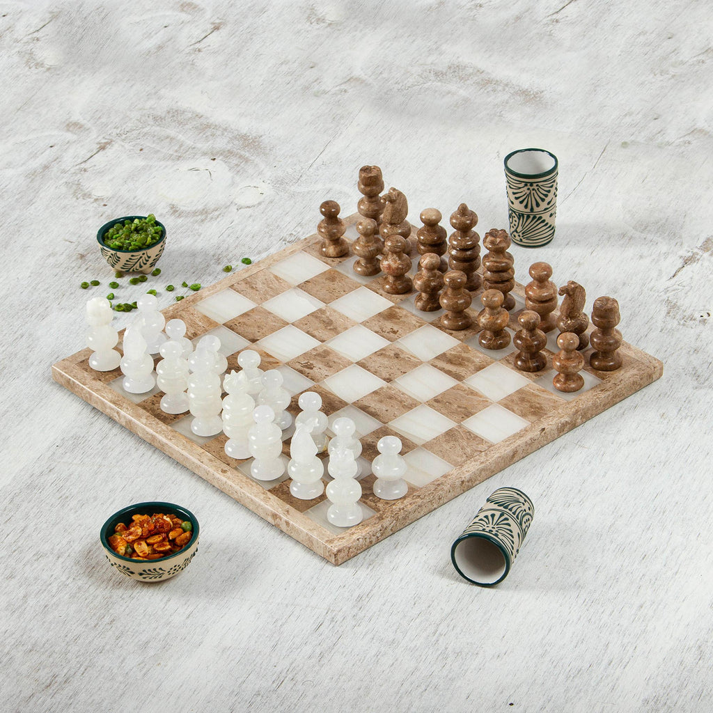 Onyx and Marble Chess Set in Brown and Beige (13.5 in.) - Nature's Challenge