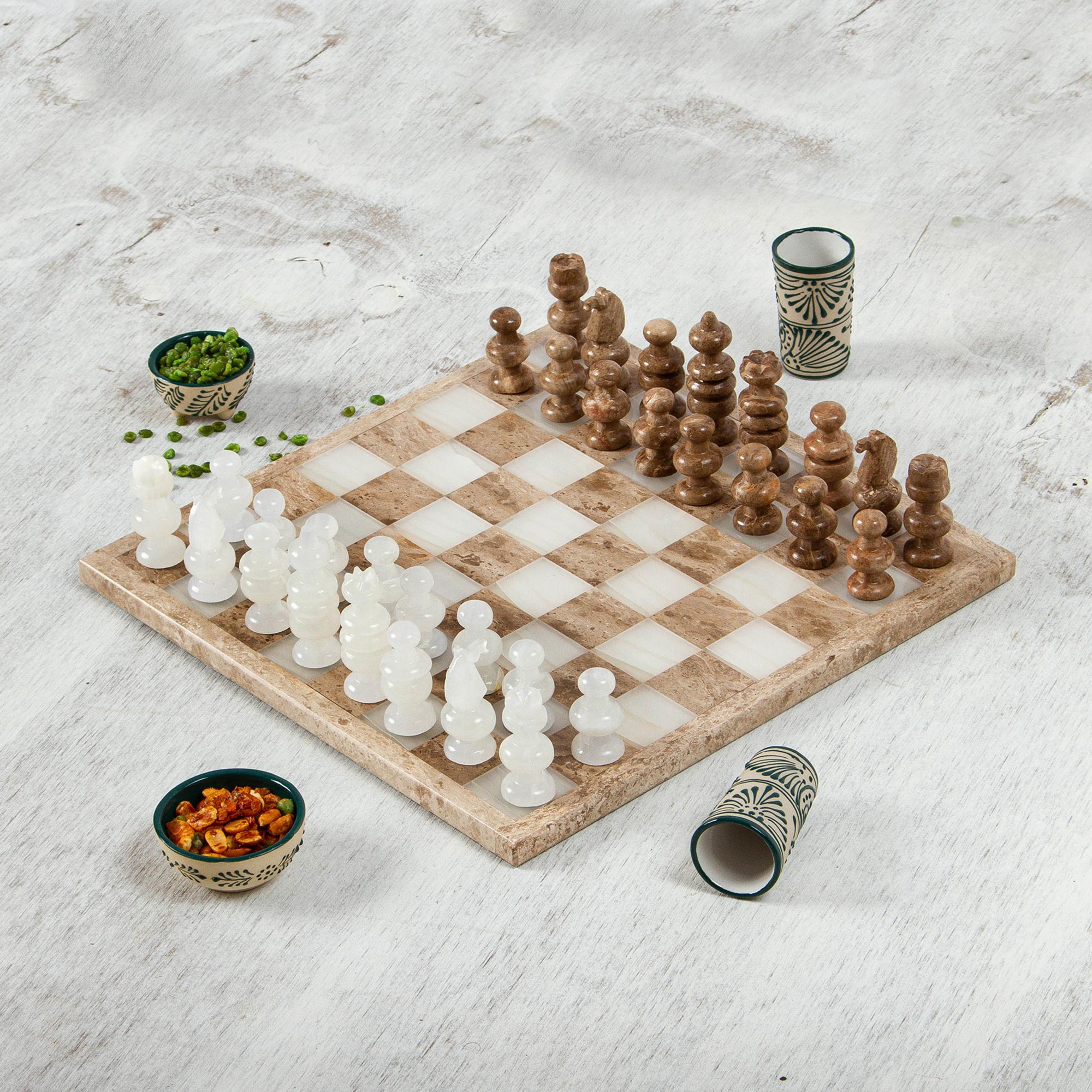 Onyx and Marble Chess Set in Brown and Beige (13.5 in.) - Nature's Challenge