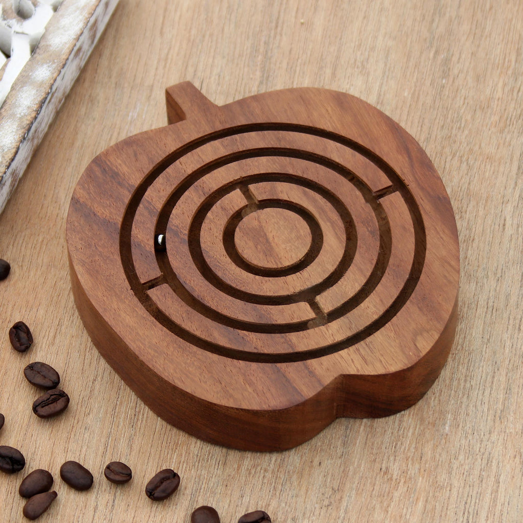 Fine Carved Mango Wood Apple Maze Game from India - Apple Connection