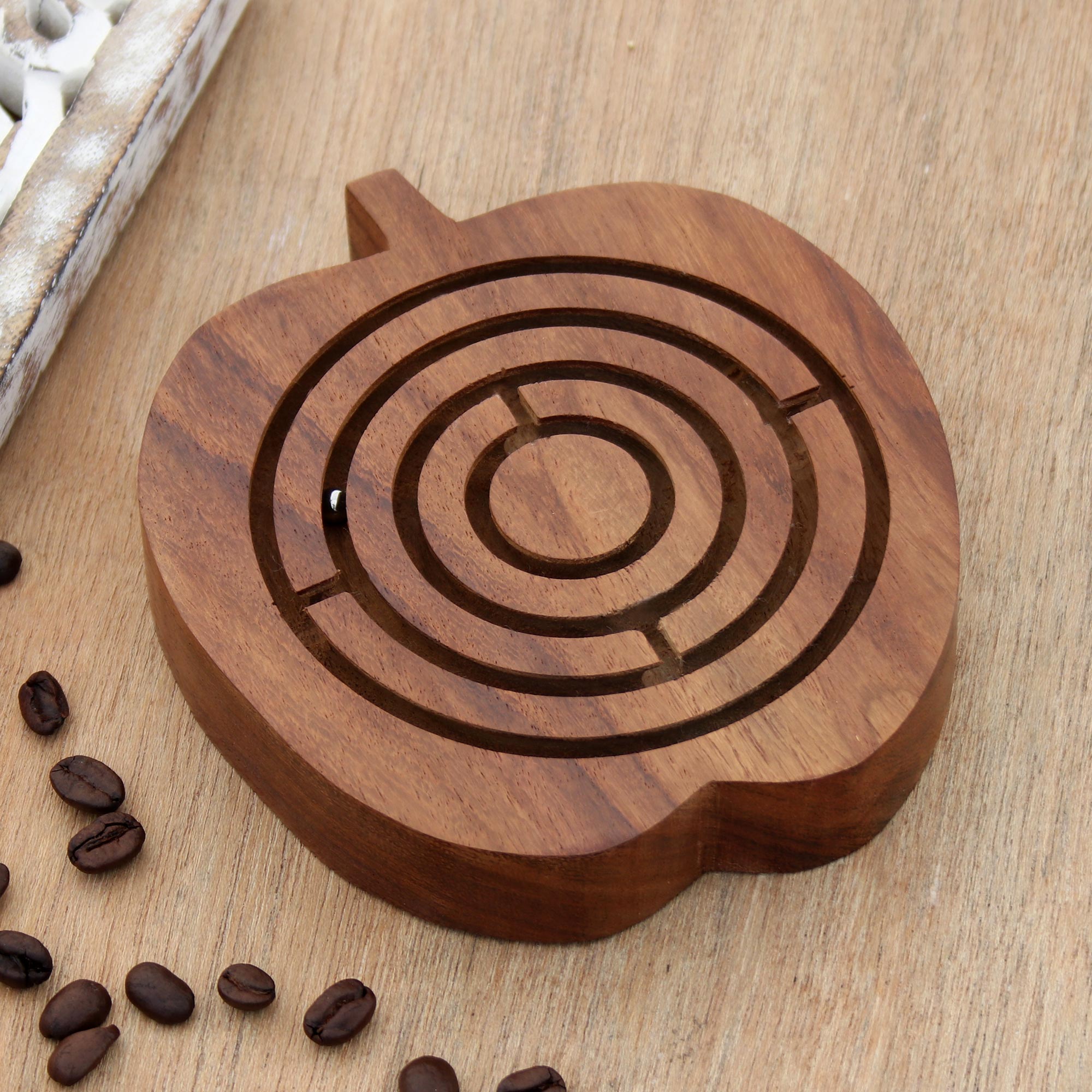 Fine Carved Mango Wood Apple Maze Game from India - Apple Connection