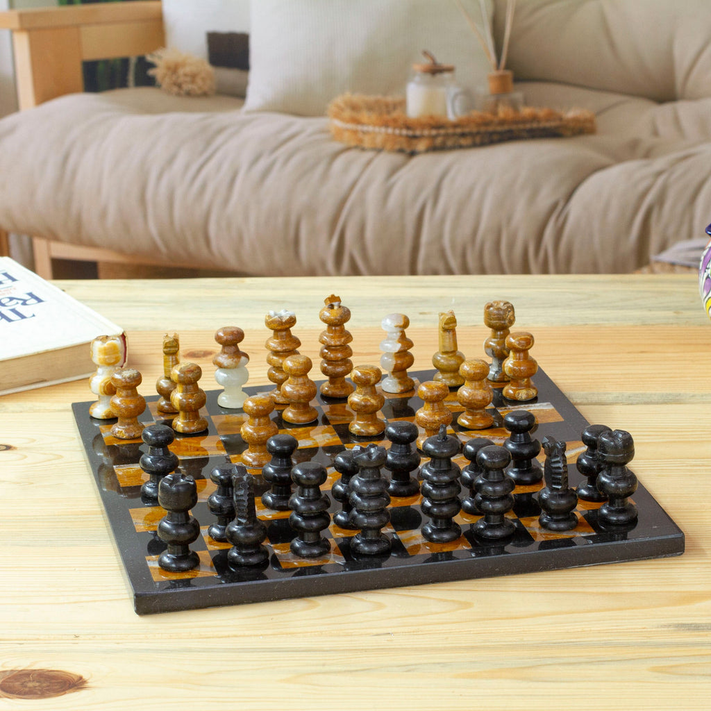 Brown and Black Marble Chess Set Crafted in Mexico - Earthen Challenge