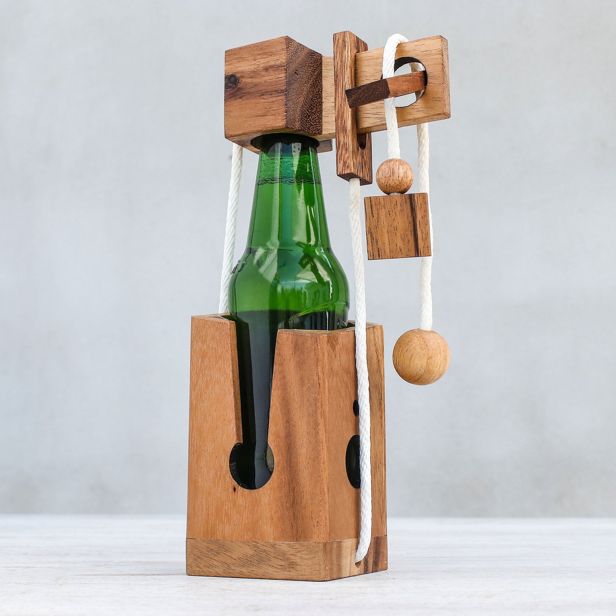Handmade Wood Bottle Holder and Puzzle (5.5 Inch) - Open the Bottle