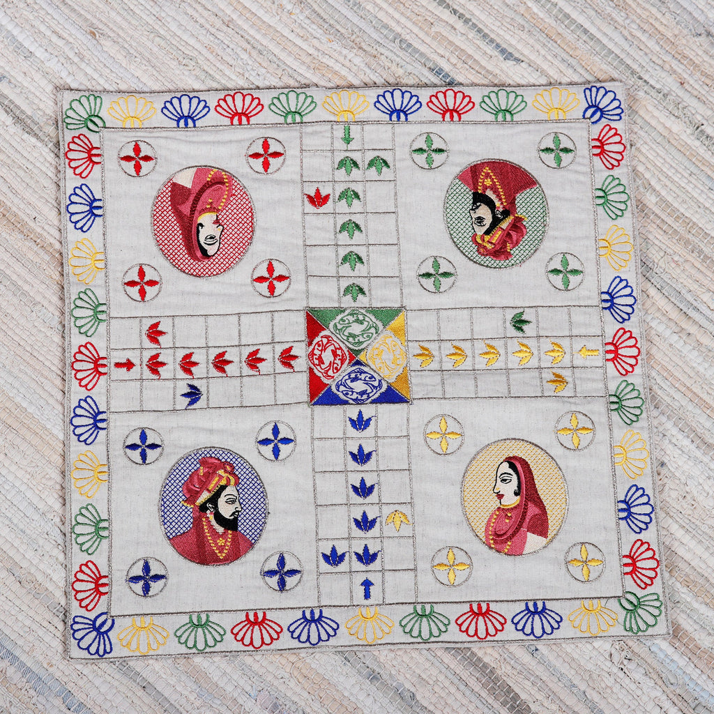 Traditional Embroidered Ecru Cotton Ludo Game from India - Game of Royals