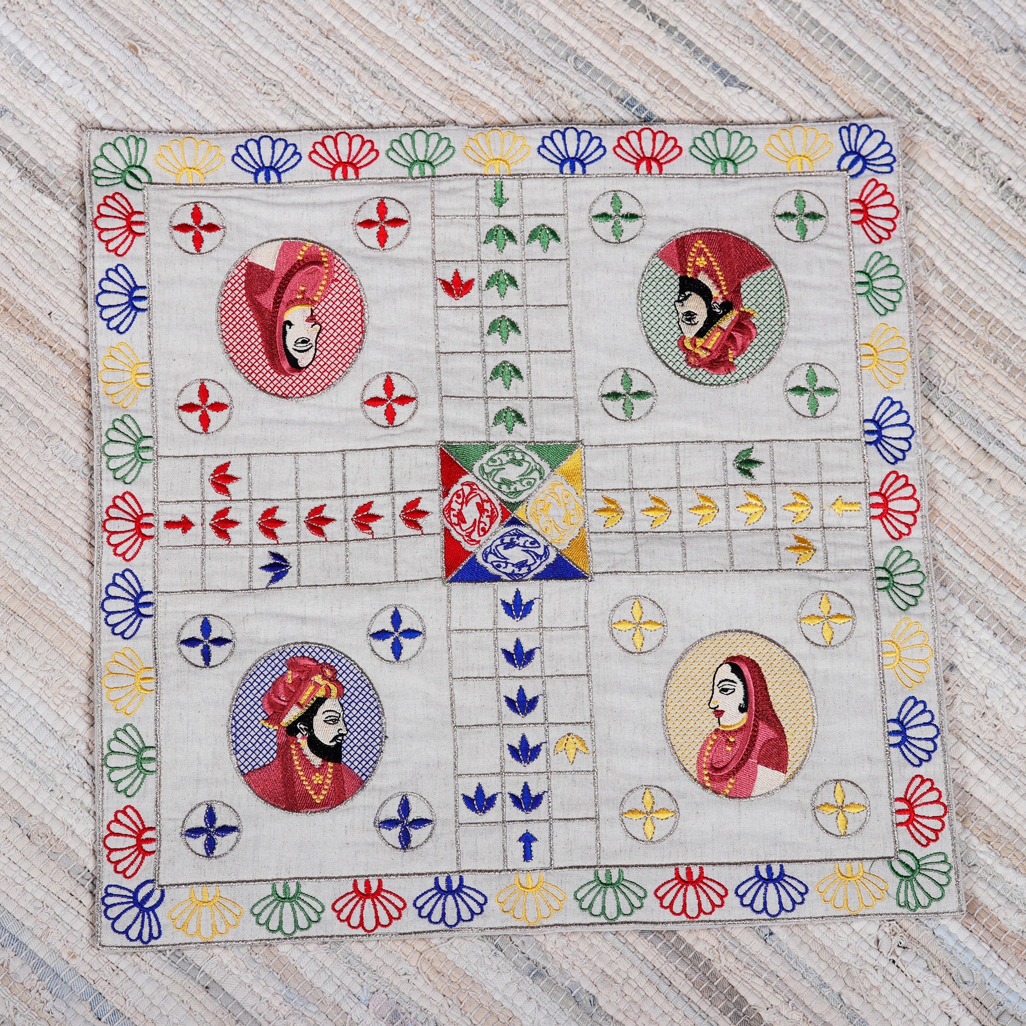 Traditional Embroidered Ecru Cotton Ludo Game from India - Game of Royals