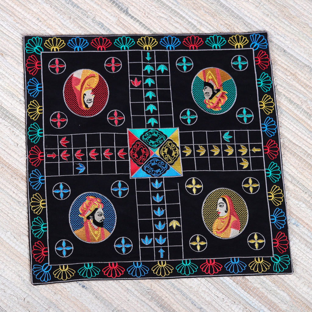 Traditional Embroidered Black Cotton Ludo Game from India - Game of Royals at Night