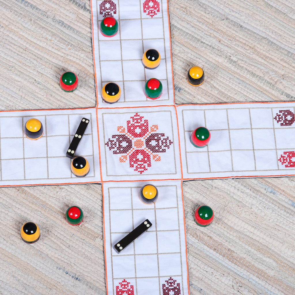 Embroidered White Cotton Chopad Game with Classic Details - India's Morning Challenge