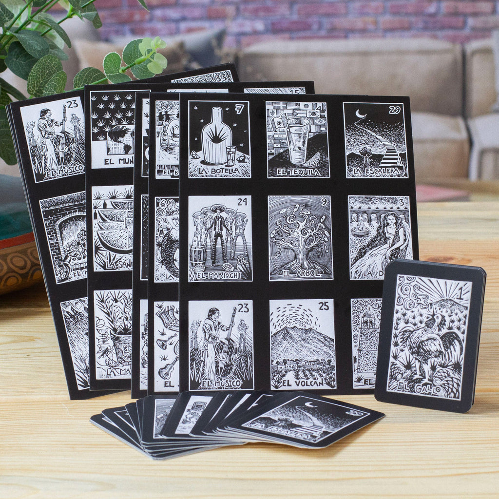 Traditional Ink on Paper Loteria Board Game Set from Mexico - Tequila Loteria