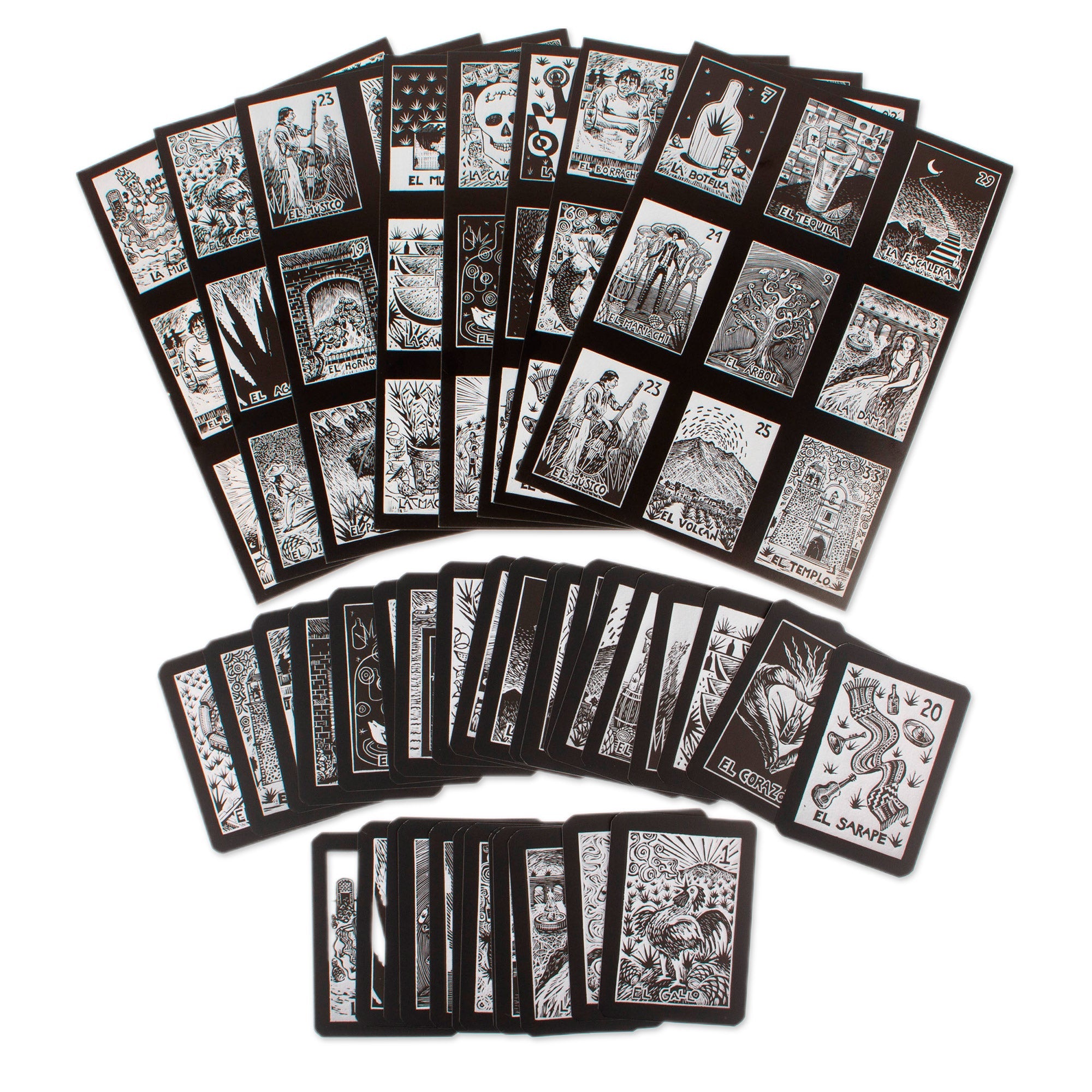 Traditional Ink on Paper Loteria Board Game Set from Mexico - Tequila Loteria