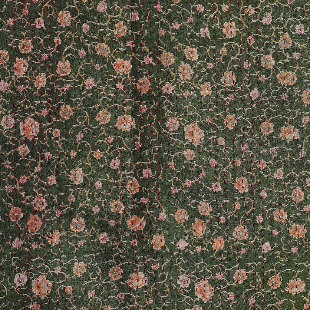 Kantha Embroidered Green and Black Reversible Silk Scarf - Floral Seasons