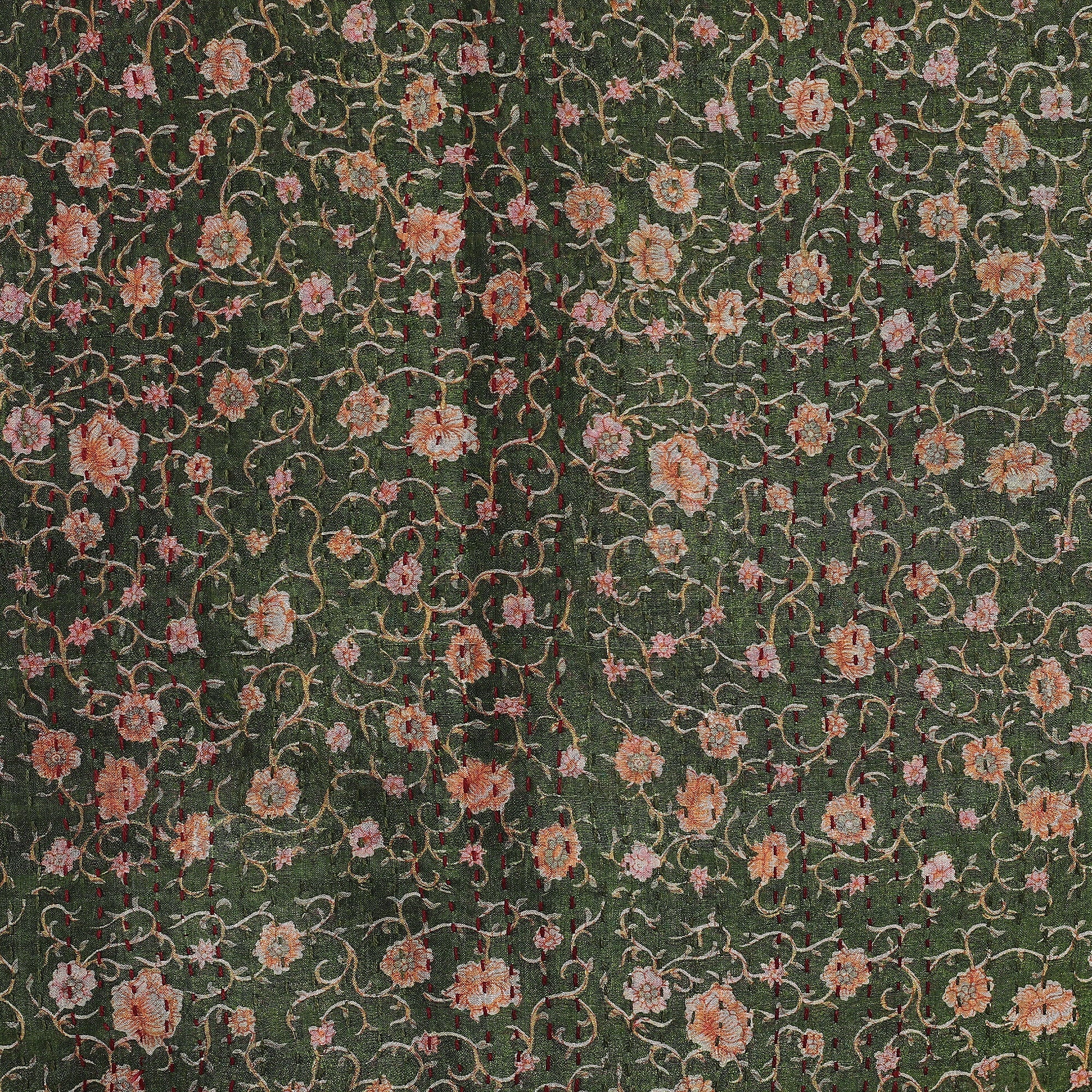Kantha Embroidered Green and Black Reversible Silk Scarf - Floral Seasons
