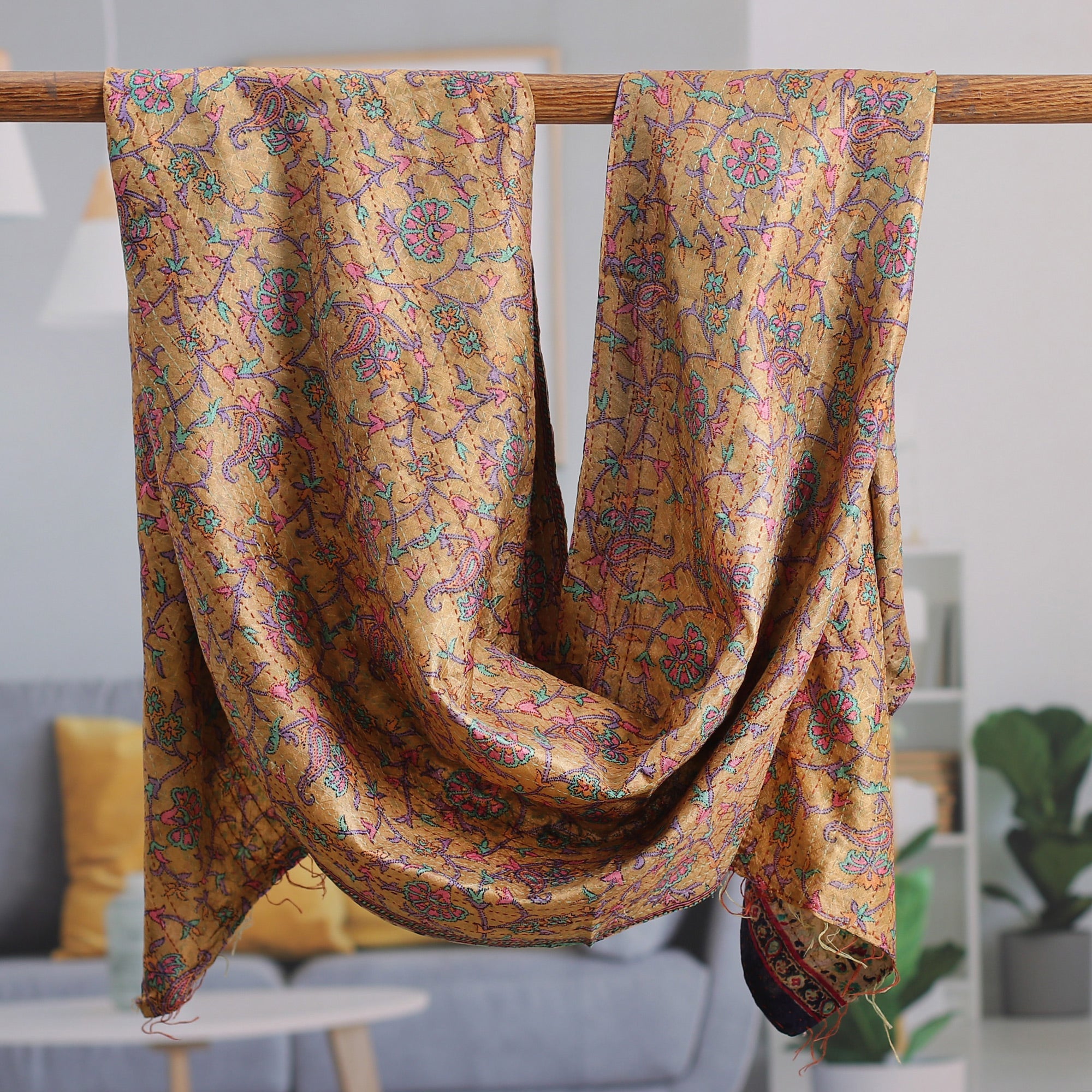 Kantha Embroidered Beige and Ivory Reversible Silk Scarf - Floral Visions