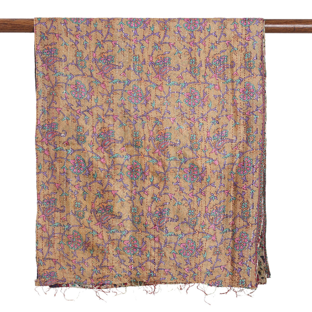 Kantha Embroidered Beige and Ivory Reversible Silk Scarf - Floral Visions