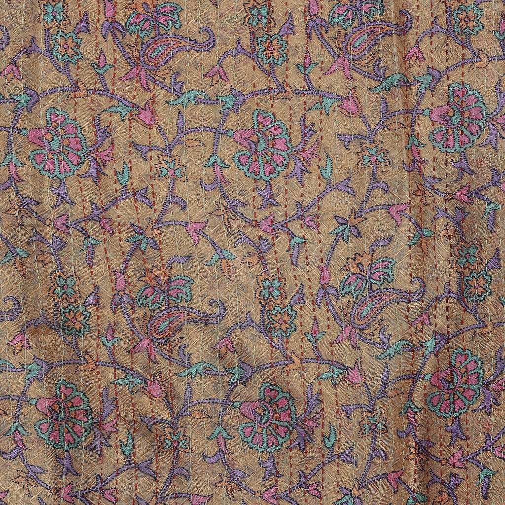 Kantha Embroidered Beige and Ivory Reversible Silk Scarf - Floral Visions