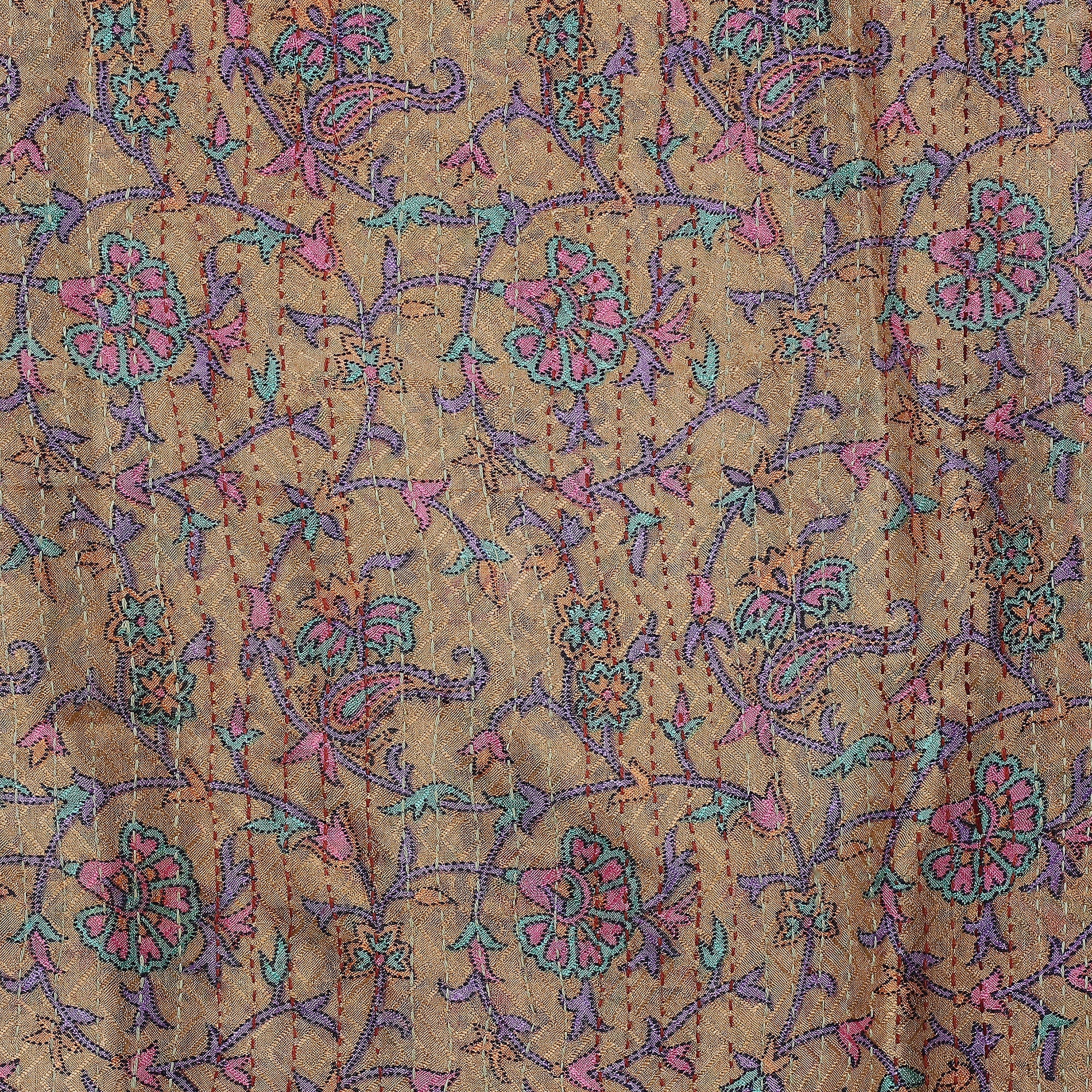 Kantha Embroidered Beige and Ivory Reversible Silk Scarf - Floral Visions
