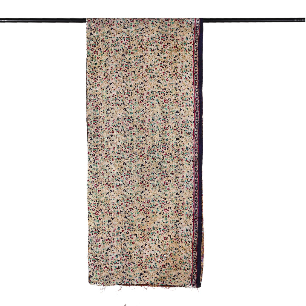 Kantha Embroidered Beige and Ivory Reversible Silk Scarf - Floral Visions