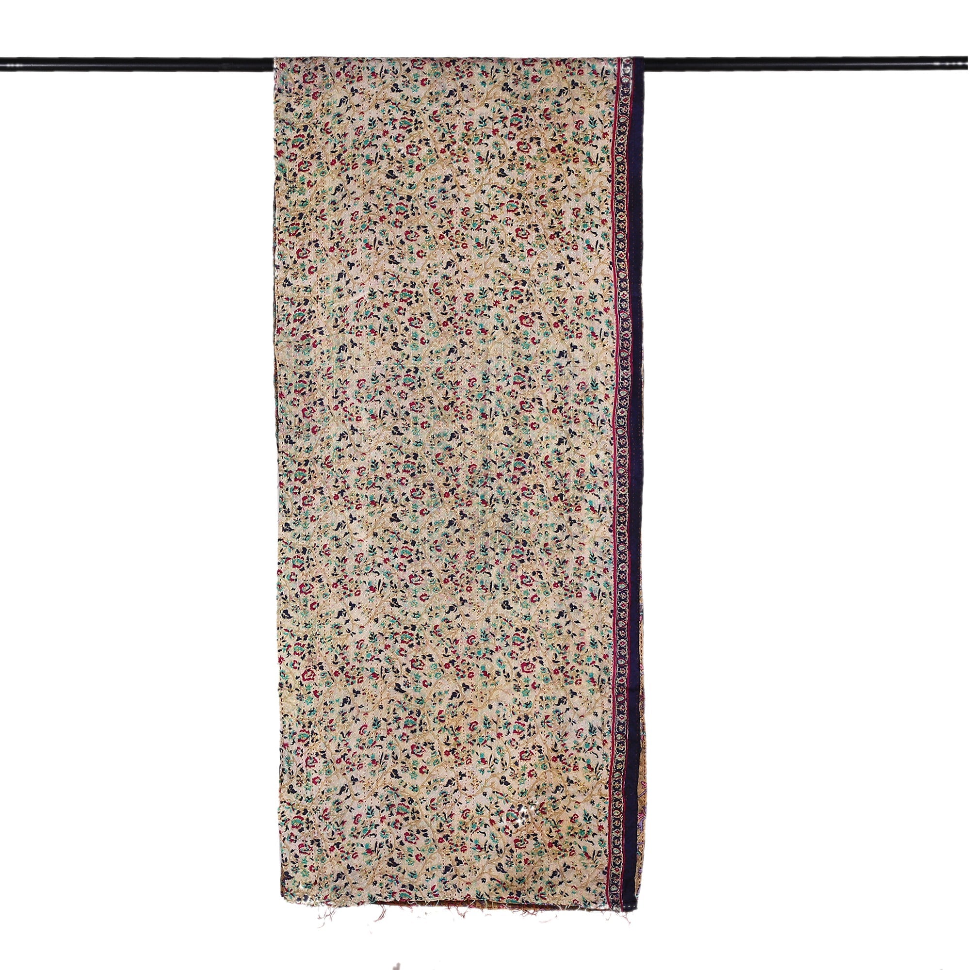 Kantha Embroidered Beige and Ivory Reversible Silk Scarf - Floral Visions