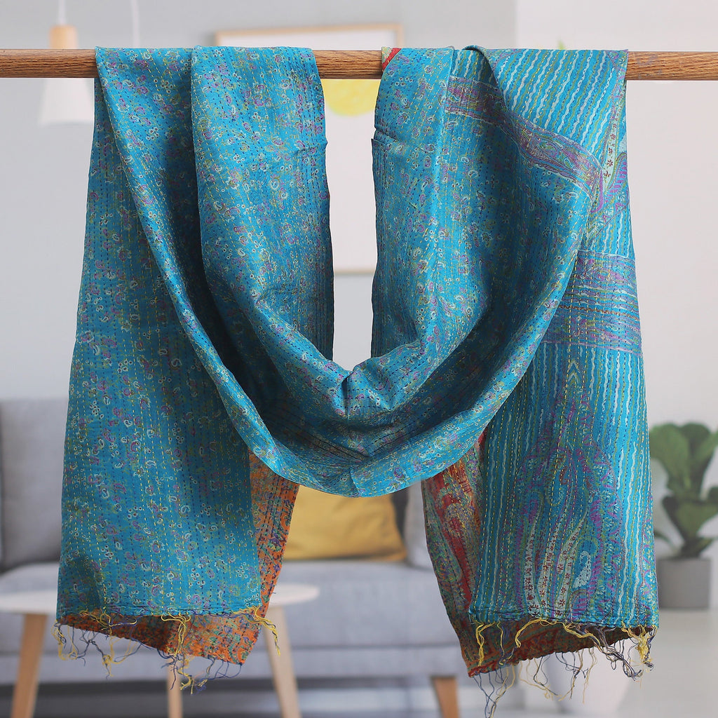 Kantha Embroidered Cyan and Sunrise Reversible Silk Scarf - Floral Worlds