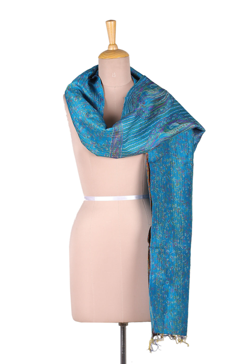 Kantha Embroidered Cyan and Sunrise Reversible Silk Scarf - Floral Worlds