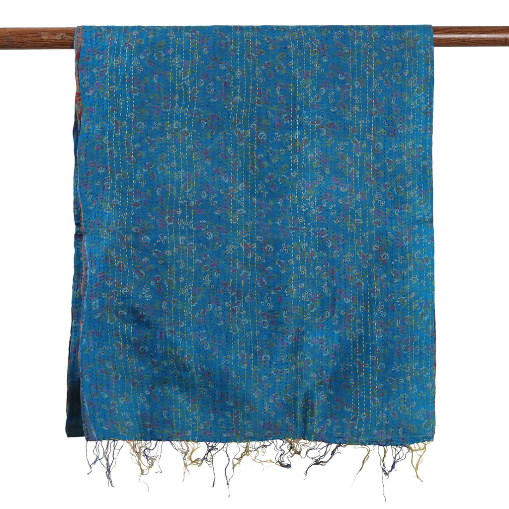 Kantha Embroidered Cyan and Sunrise Reversible Silk Scarf - Floral Worlds