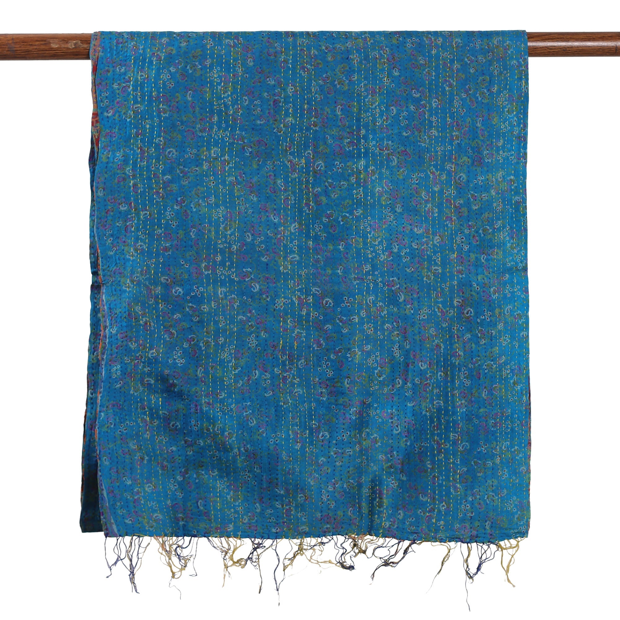 Kantha Embroidered Cyan and Sunrise Reversible Silk Scarf - Floral Worlds