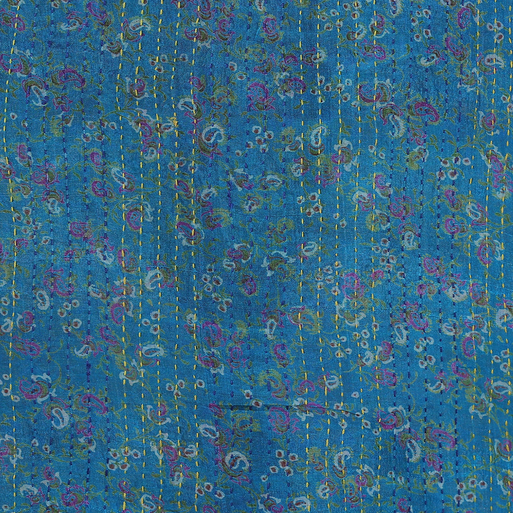 Kantha Embroidered Cyan and Sunrise Reversible Silk Scarf - Floral Worlds