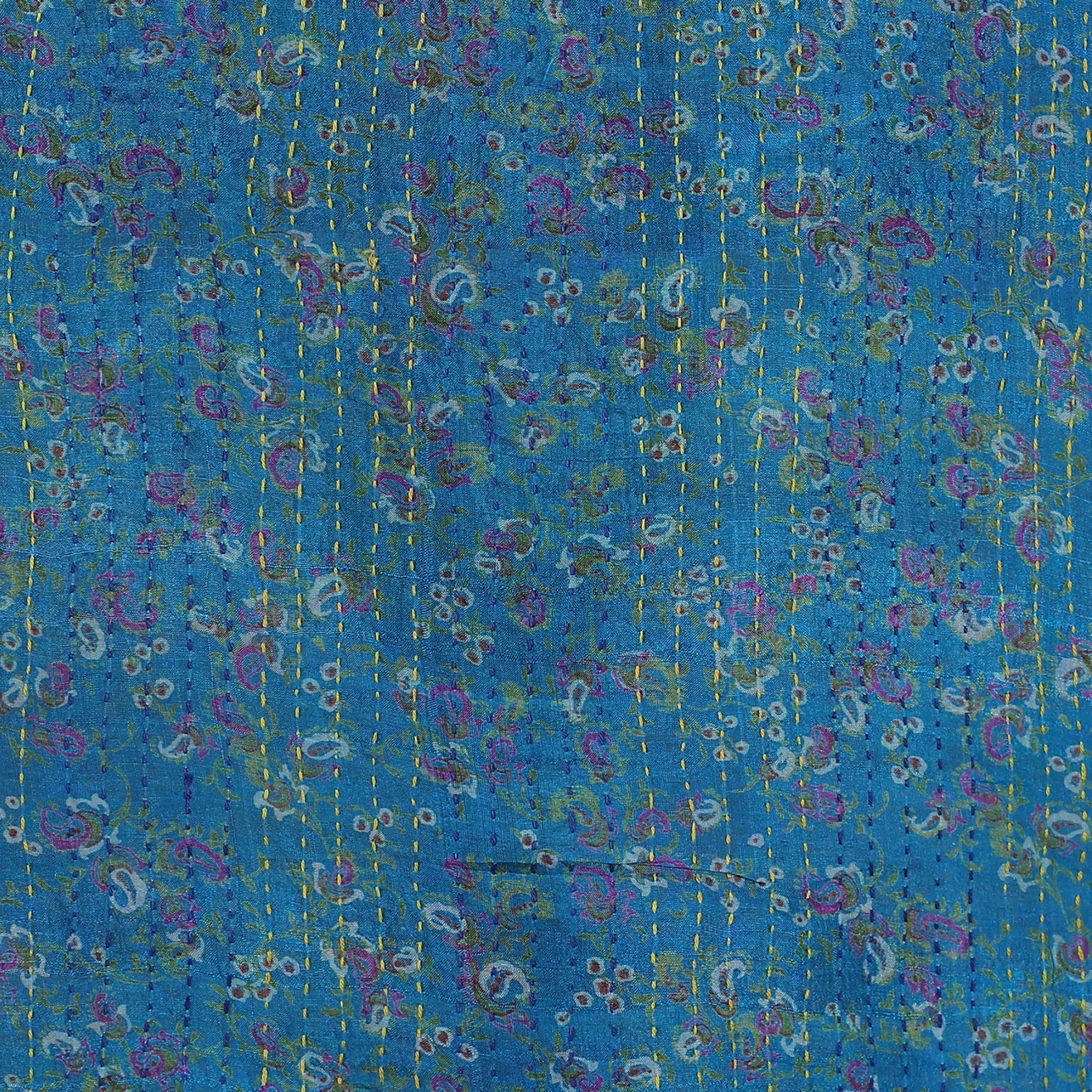 Kantha Embroidered Cyan and Sunrise Reversible Silk Scarf - Floral Worlds