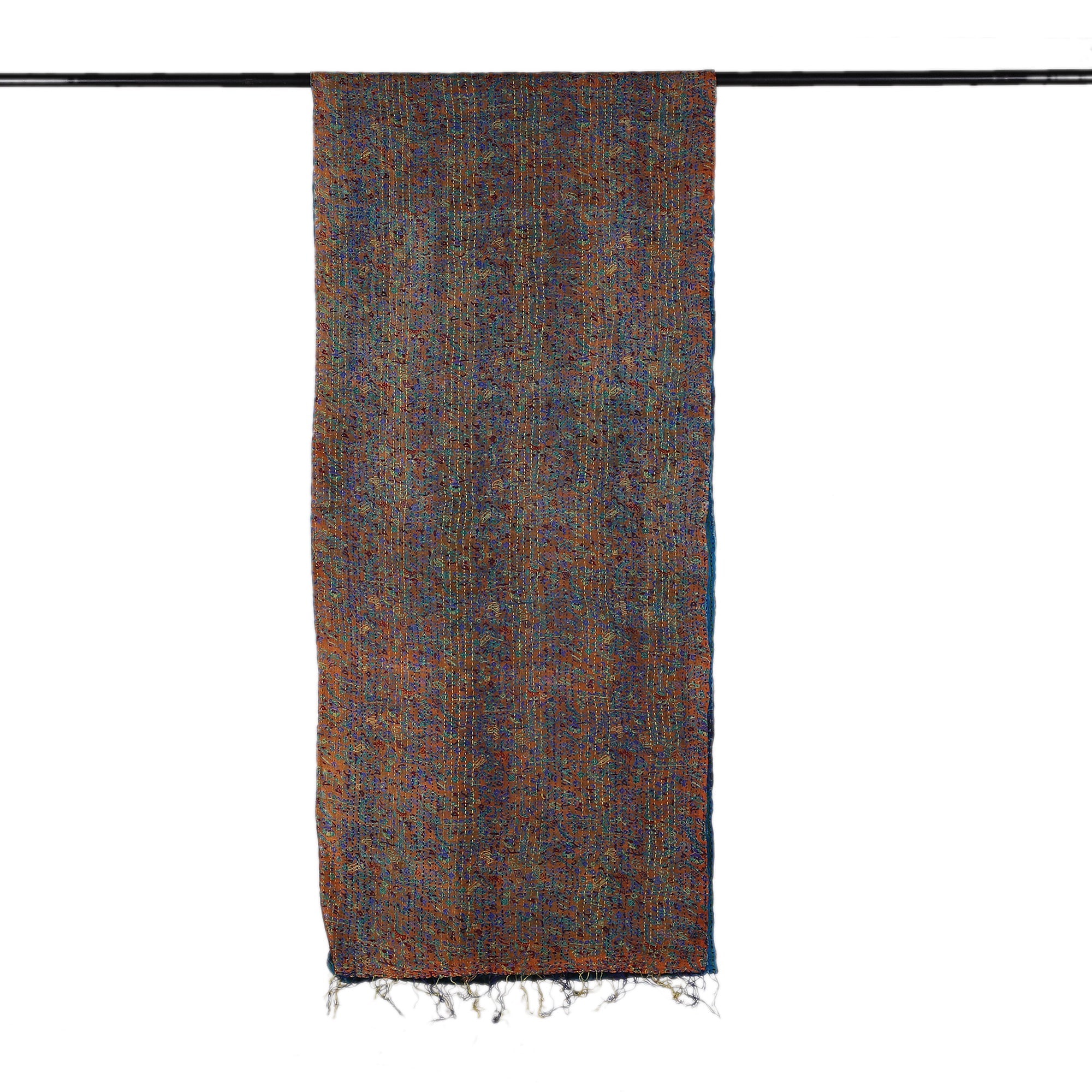 Kantha Embroidered Cyan and Sunrise Reversible Silk Scarf - Floral Worlds