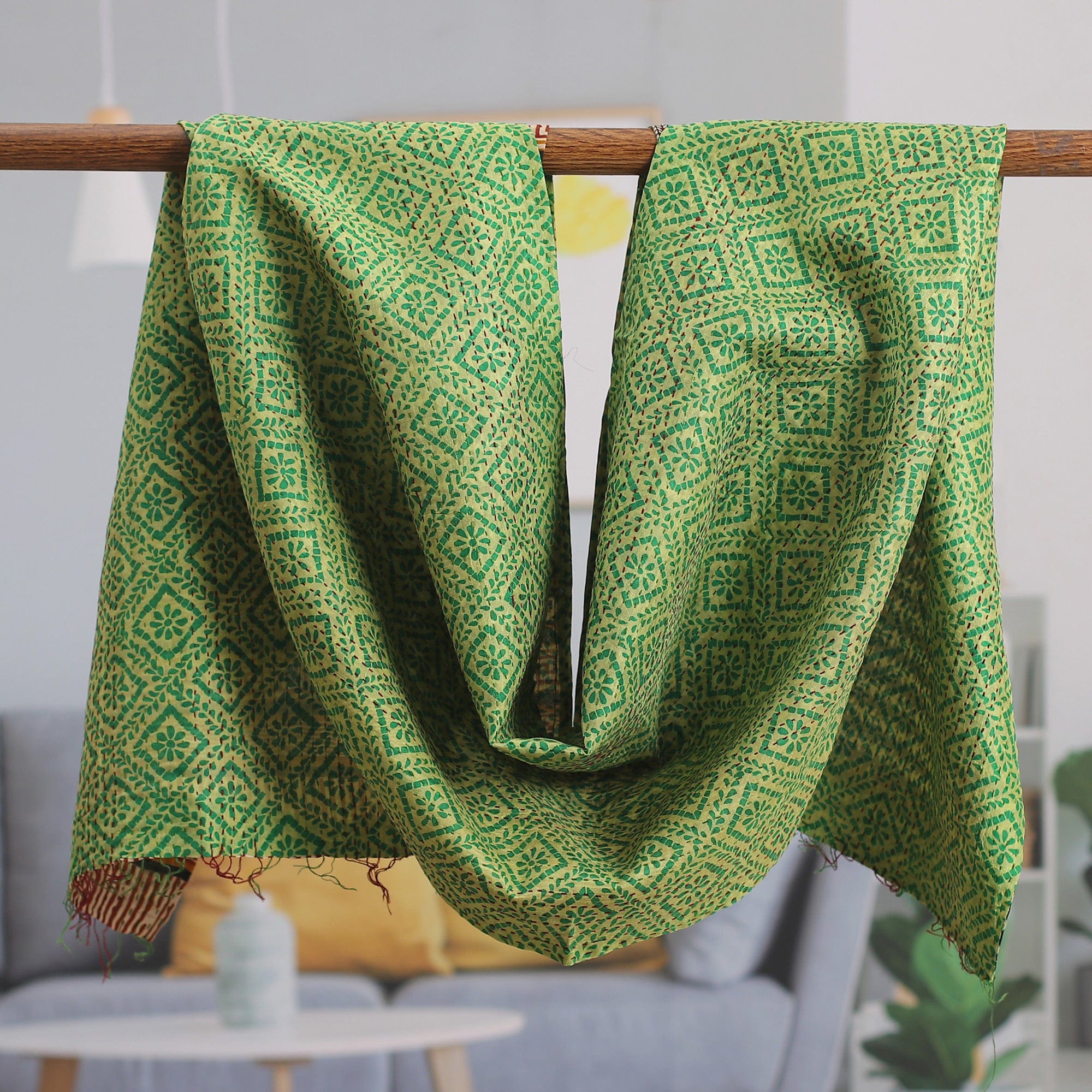 Geometric-Patterned Green and Black Reversible Silk Scarf - Classic Fusions