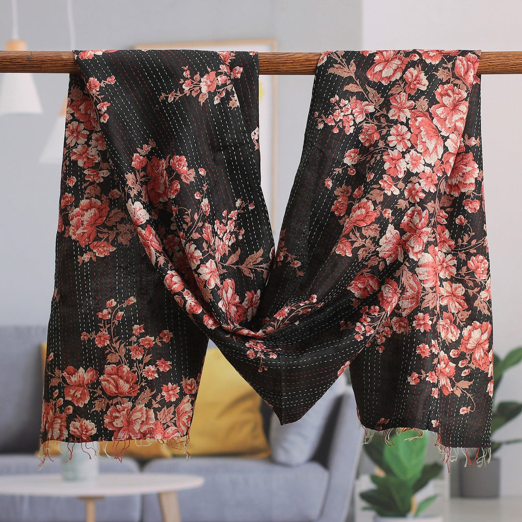 Floral-Patterned Black and White Reversible Silk Scarf - Day & Night