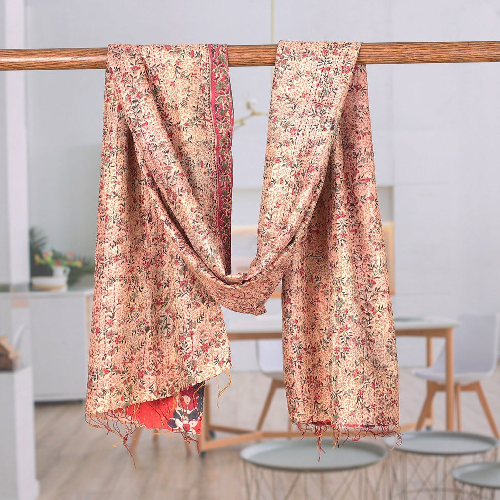 Embroidered Reversible Silk Scarf in Strawberry and Buff - Noble Rhapsody
