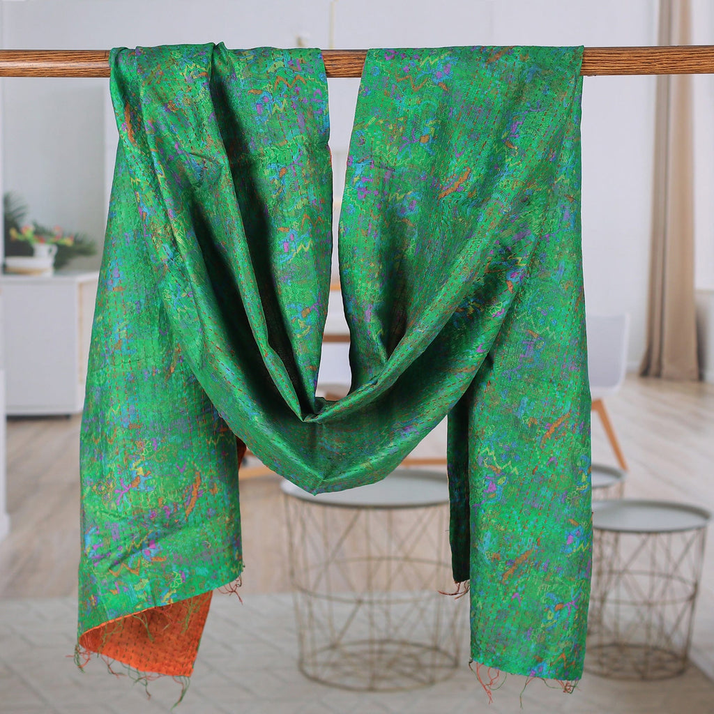 Emerald and Russet Kantha Embroidered Reversible Silk Scarf - Forest Tale