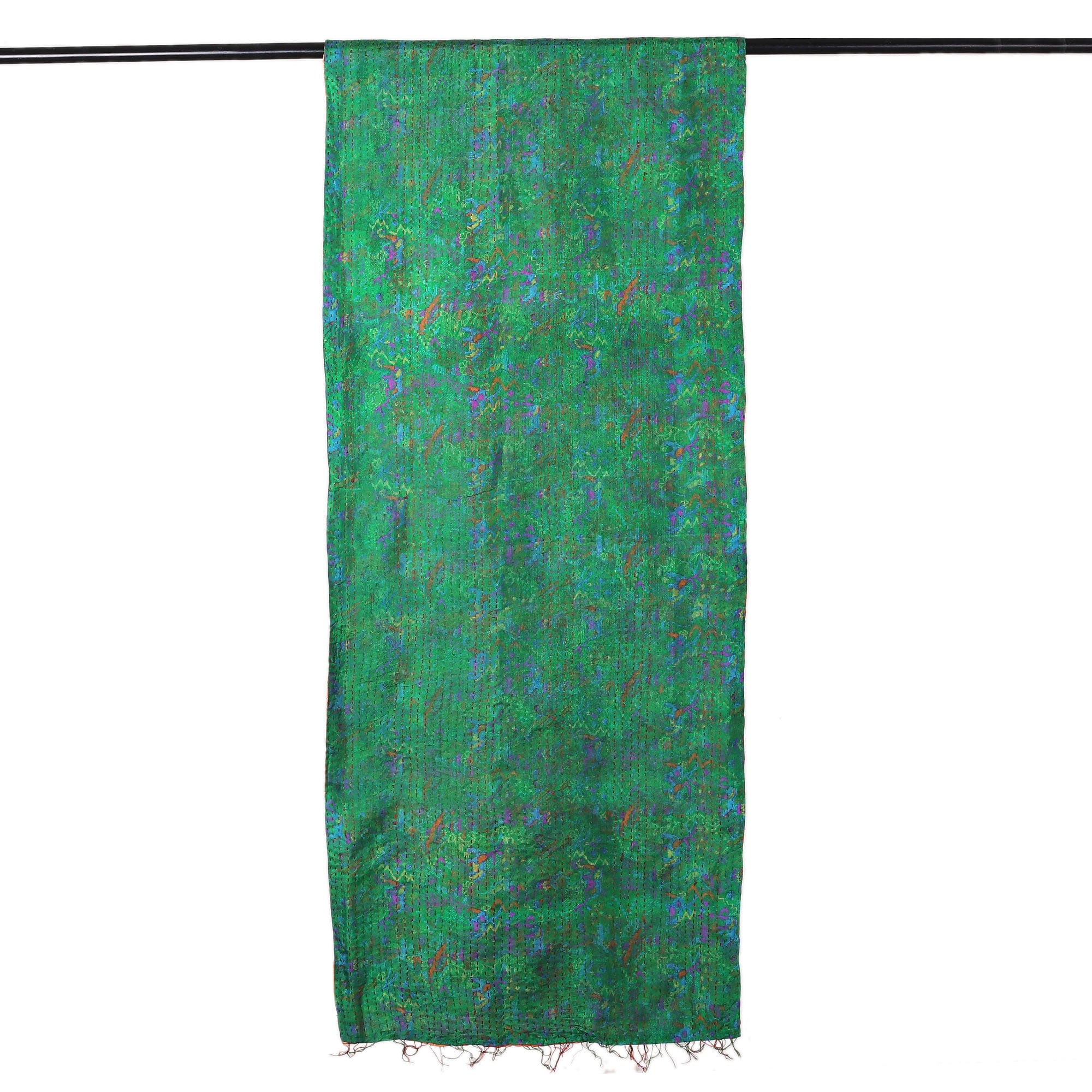 Emerald and Russet Kantha Embroidered Reversible Silk Scarf - Forest Tale