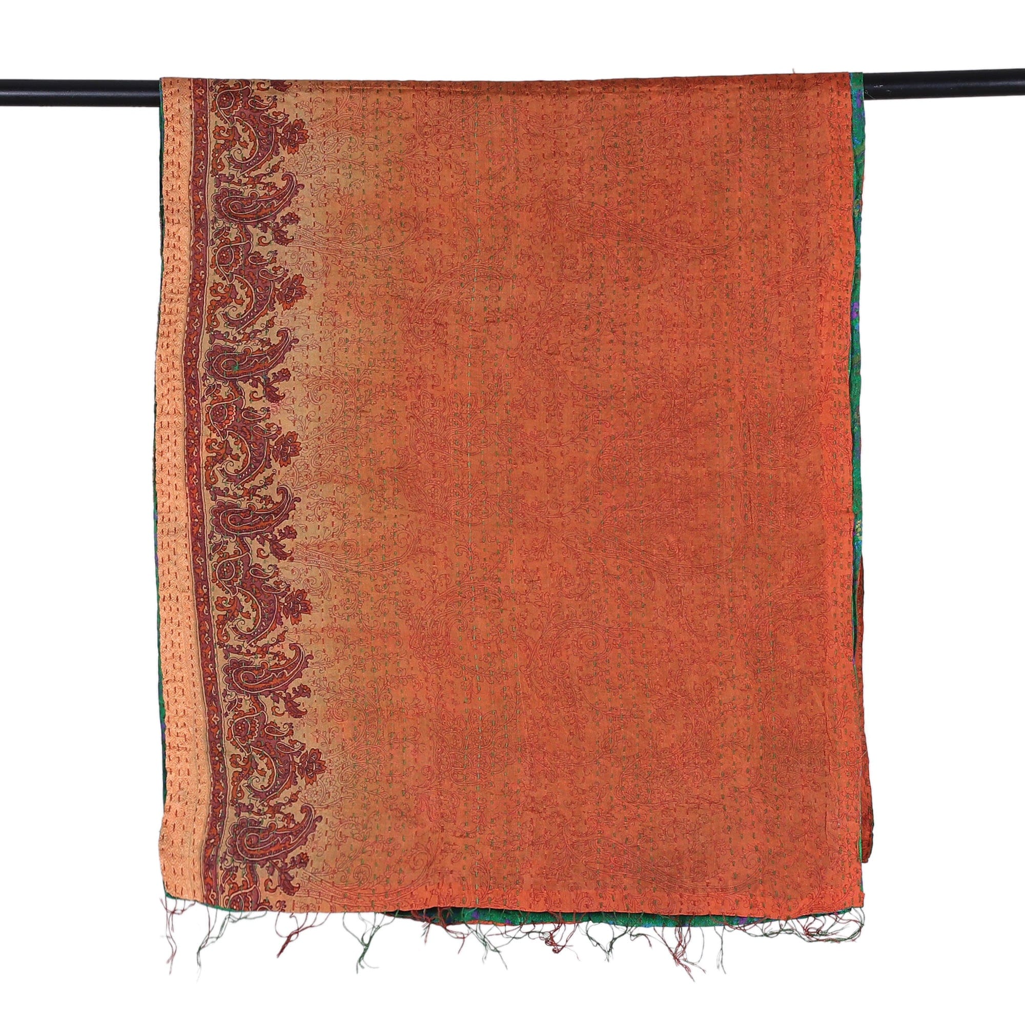 Emerald and Russet Kantha Embroidered Reversible Silk Scarf - Forest Tale