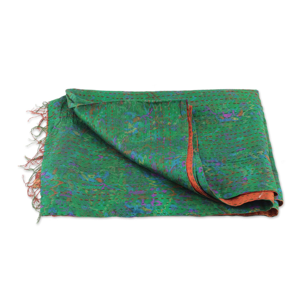 Emerald and Russet Kantha Embroidered Reversible Silk Scarf - Forest Tale