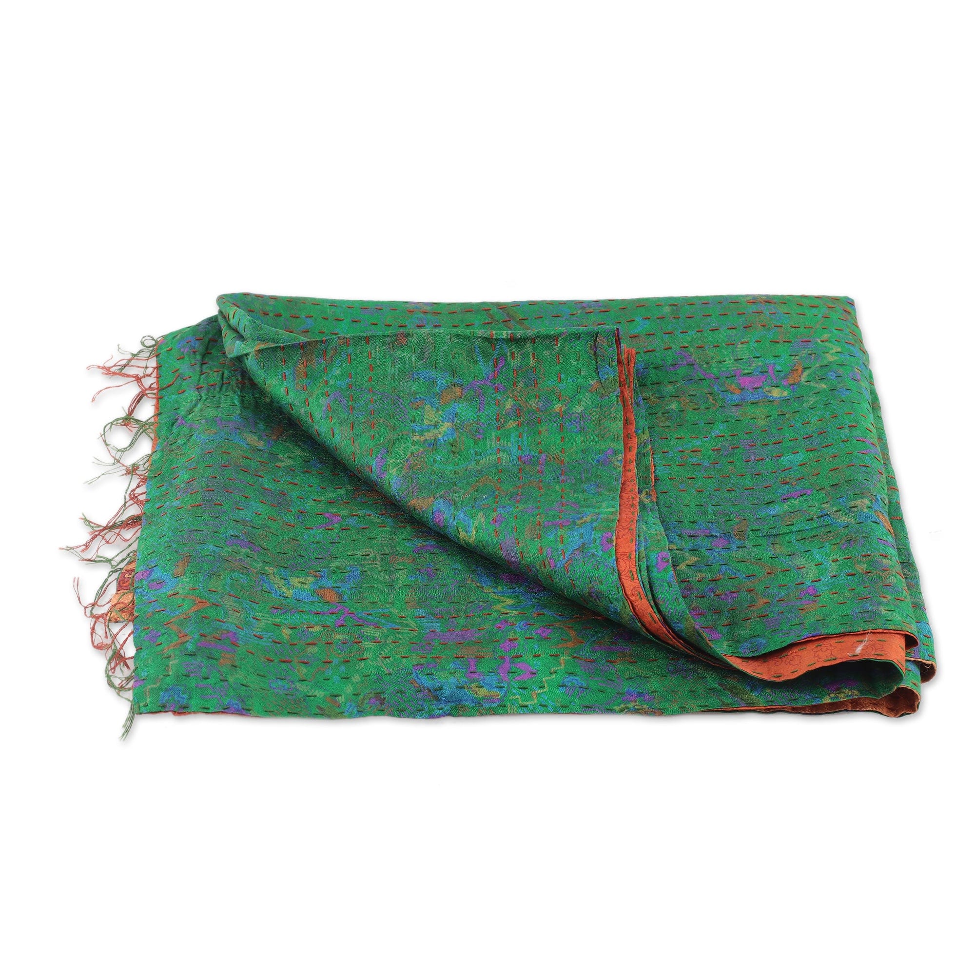 Emerald and Russet Kantha Embroidered Reversible Silk Scarf - Forest Tale