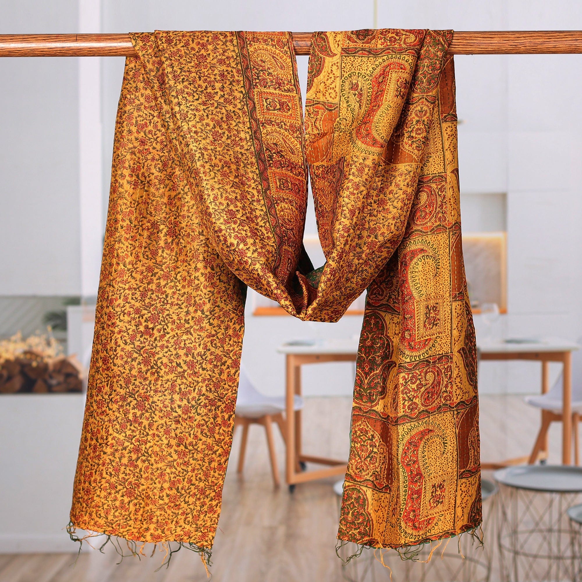 Embroidered Reversible Silk Scarf in Caramel and Viridian - Mughal Tales