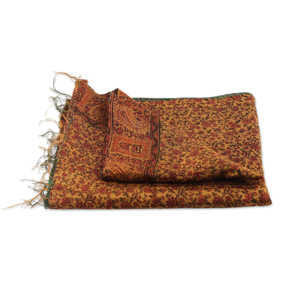 Embroidered Reversible Silk Scarf in Caramel and Viridian - Mughal Tales